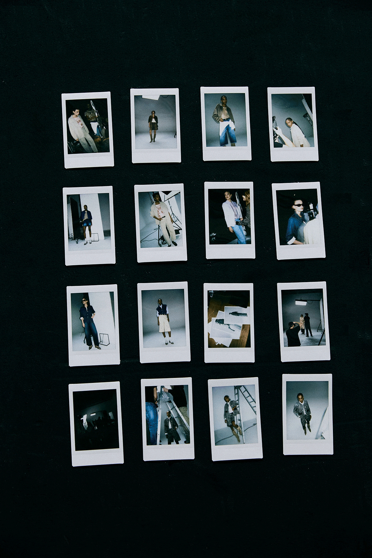 Collage of Polaroid-style fashion photos and prints showing models in various poses on a dark background