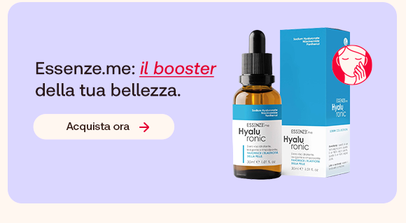 Flacone con contagocce e confezione Essence.me Hyaluronic Serum su sfondo lilla. Testo: &ldquo;Essence.me: il booster della tua bellezza&rdquo;, con &ldquo;il booster&rdquo; evidenziato in rosso corsivo e sottolineato. Pulsante: &ldquo;Acquista ora&rdquo;.