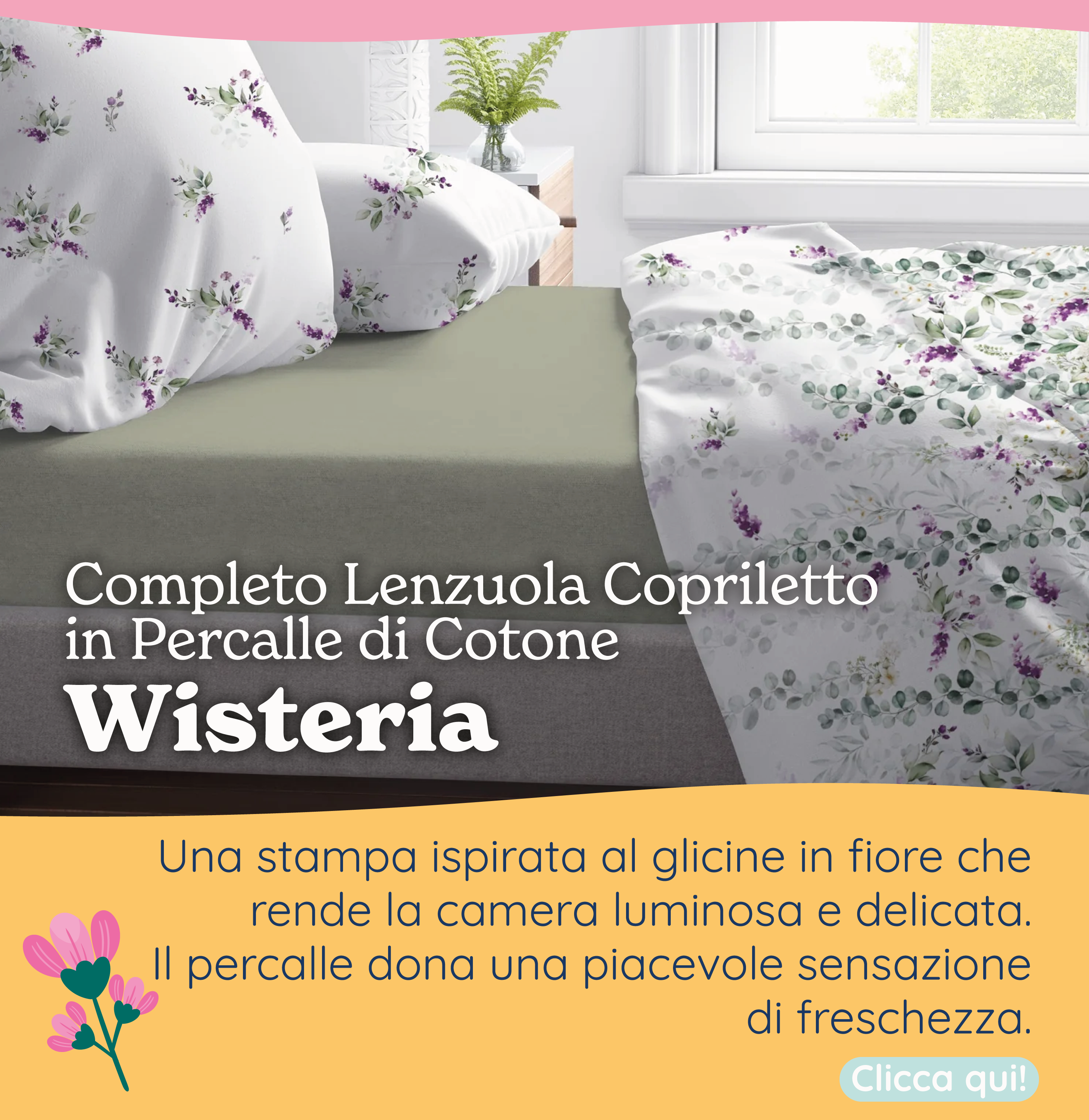 Completo Lenzuola Copriletto in Percalle di Cotone con Stampa Floreale - Wisteria