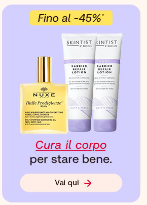 Olio Nuxe Huile Prodigieuse e due prodotti corpo Skintist Barrier Repair su sfondo lilla. In alto un bollino giallo indica: &ldquo;Fino al -45%&rdquo;. Testo: &ldquo;Cura il corpo per stare bene&rdquo;, con &ldquo;Cura il corpo&rdquo; evidenziato in rosso corsivo e sottolineato. Pulsante: &ldquo;Vai qui&rdquo;.