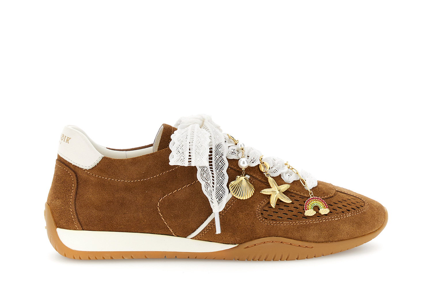 Image of running allacciate in pelle scamosciata traforata cuoio