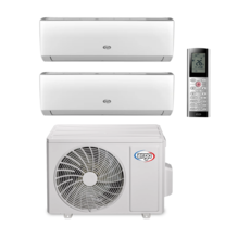 Split air conditioning system with two indoor wall units, outdoor condenser/compressor unit and remote control