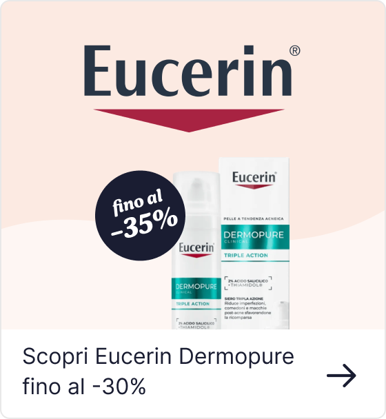 Eucerin Dermopure Triple Action cleanser and box on a promotional banner with a badge reading 'up to 35% off'