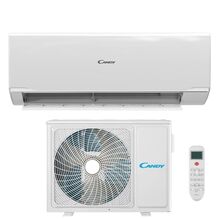 Candy white split-system air conditioner with indoor wall unit, outdoor condenser and remote control