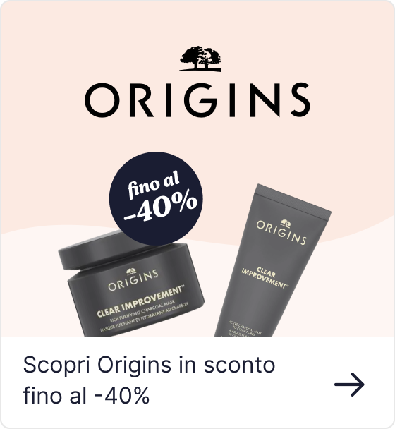 Origins skincare 'Clear Improvement' charcoal jar and tube beside brand logo, with badge reading 'up to 40% off'