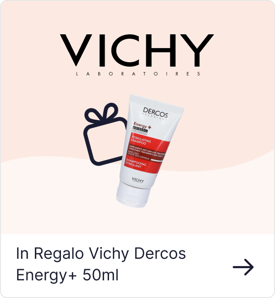 Vichy logo with 50 ml Dercos Energy+ stimulating shampoo tube beside a gift icon on a pale pink background