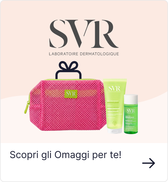 SVR skincare gift set – pink mesh cosmetic pouch with two green SVR Sebiaclear products and SVR logo