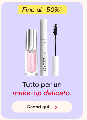 Gloss e mascara su sfondo lilla. In alto un bollino giallo indica: &ldquo;Fino al -50%&rdquo;. Testo: &ldquo;Tutto per un make-up delicato&rdquo;, con &ldquo;make-up delicato&rdquo; evidenziato in rosso corsivo e sottolineato. Pulsante: &ldquo;Scopri qui&rdquo;.
