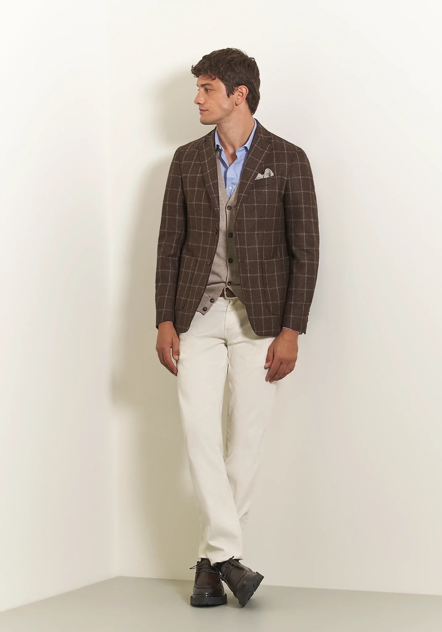 Image of Giacca marrone check azzurro lana vergine custom fit