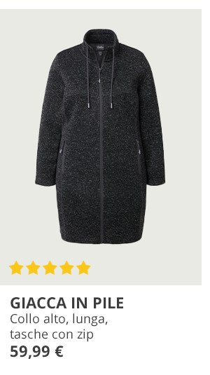 Giacca in pile, collo alto, taglio più lungo, tasche con zip