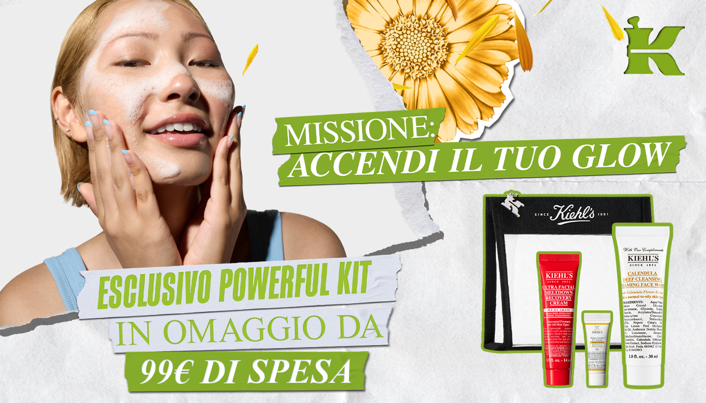 Visual Powerful Kit Kiehl&rsquo;s con beauty case e tre mini-taglie, headline &ldquo;Esclusivo Powerful Kit in omaggio da 99&euro; di spesa.