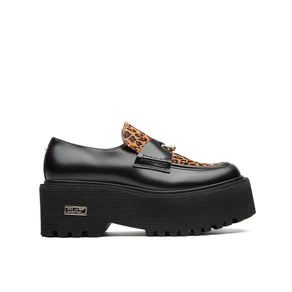 Mocassini Cult Donna con Zeppa in Pelle Nero e Cavallino Animalier