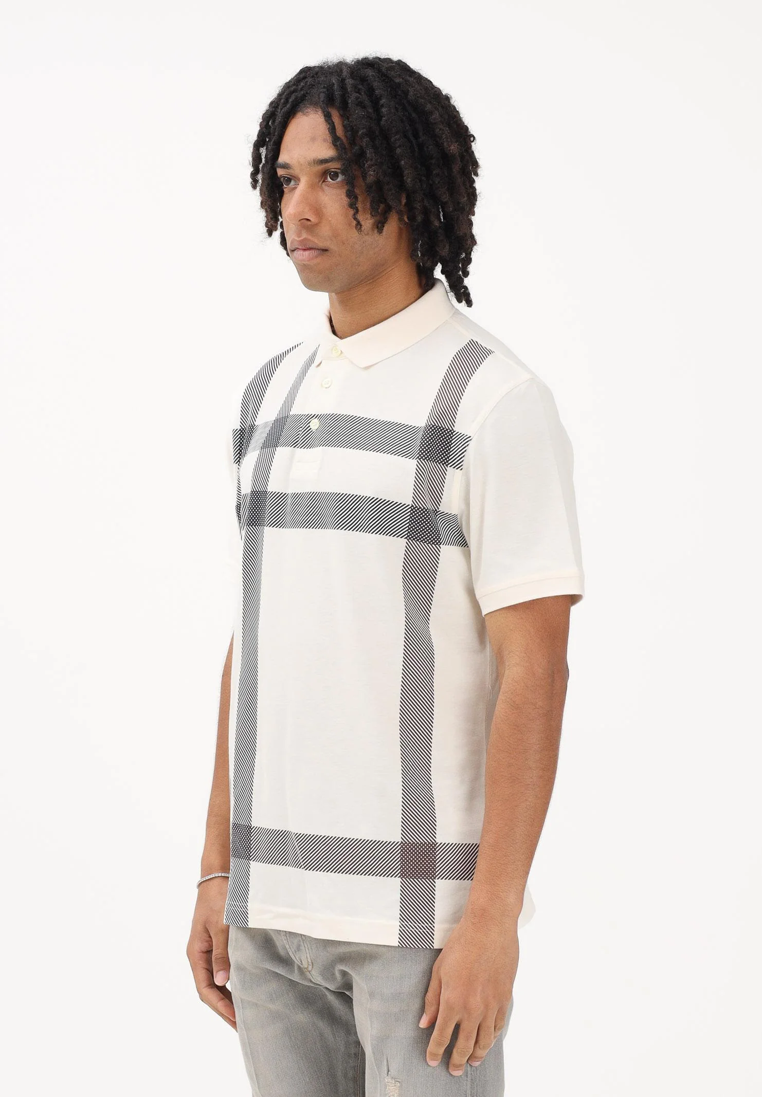 Image of BARBOUR Polo a manica corta Blaine Oversized Tartan panna da uomo