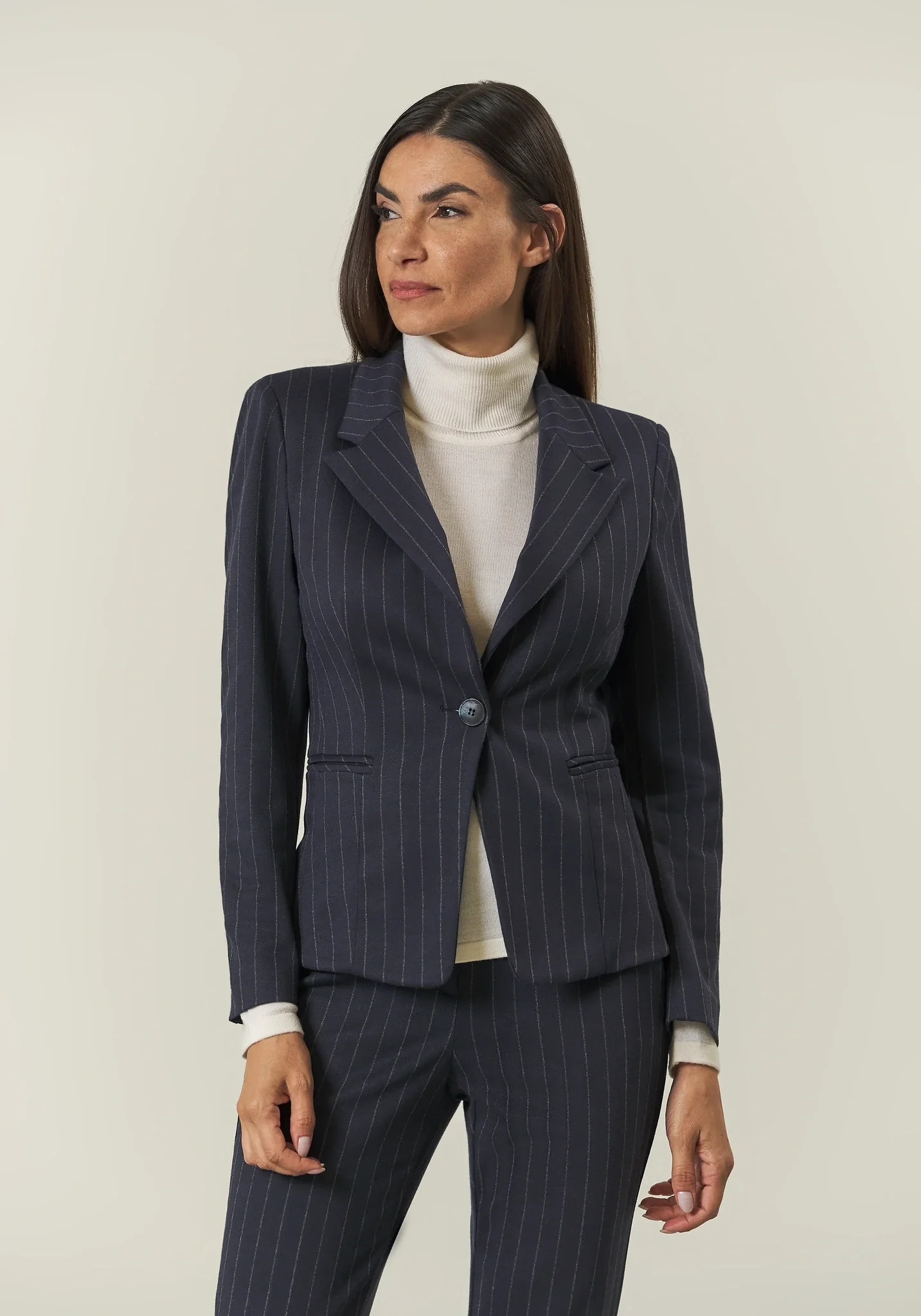 Image of Giacca blu tessuto gessato un bottone