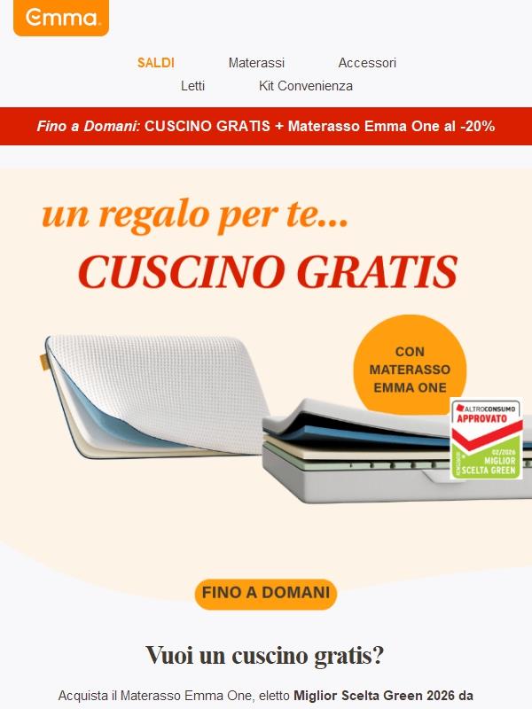 Fino a Domani: CUSCINO GRATIS + Materasso Emma One al -20% ✨