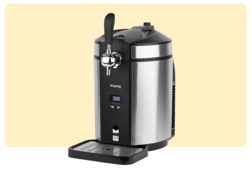 Stainless-steel countertop beer and beverage dispenser with single tap, black accents and removable drip tray