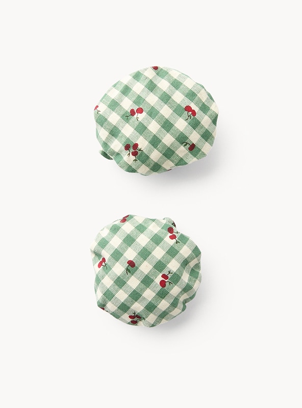 Set di 2 copri marmellata in puro cotone vichy con stampa ciliegie e volant