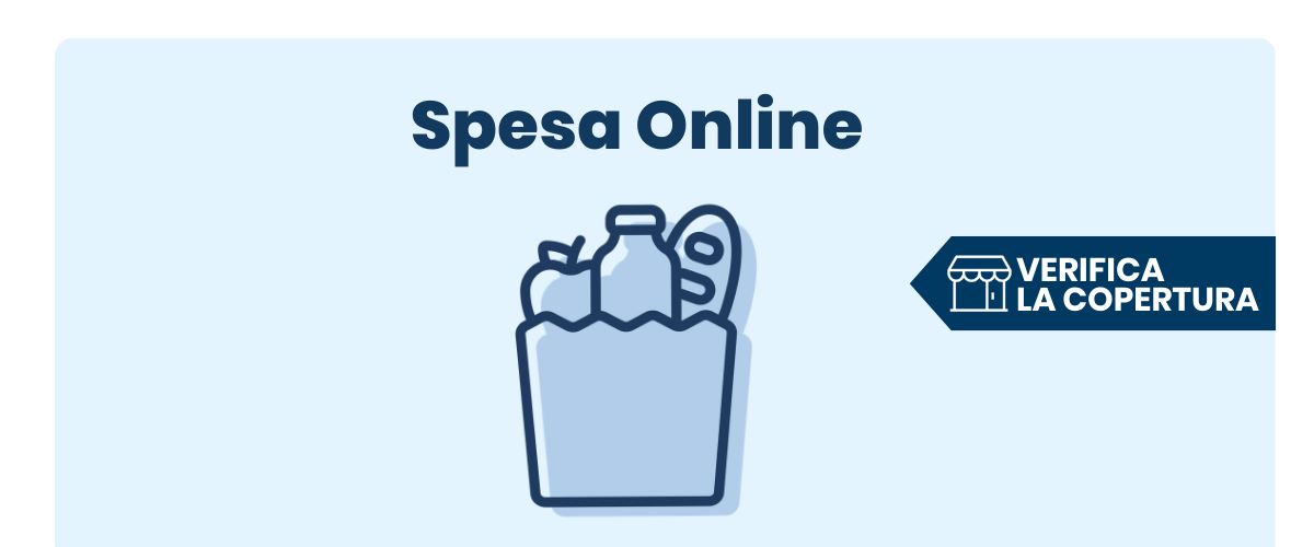 Illustration of online grocery shopping: shopping bag with groceries and a 'Check coverage' badge