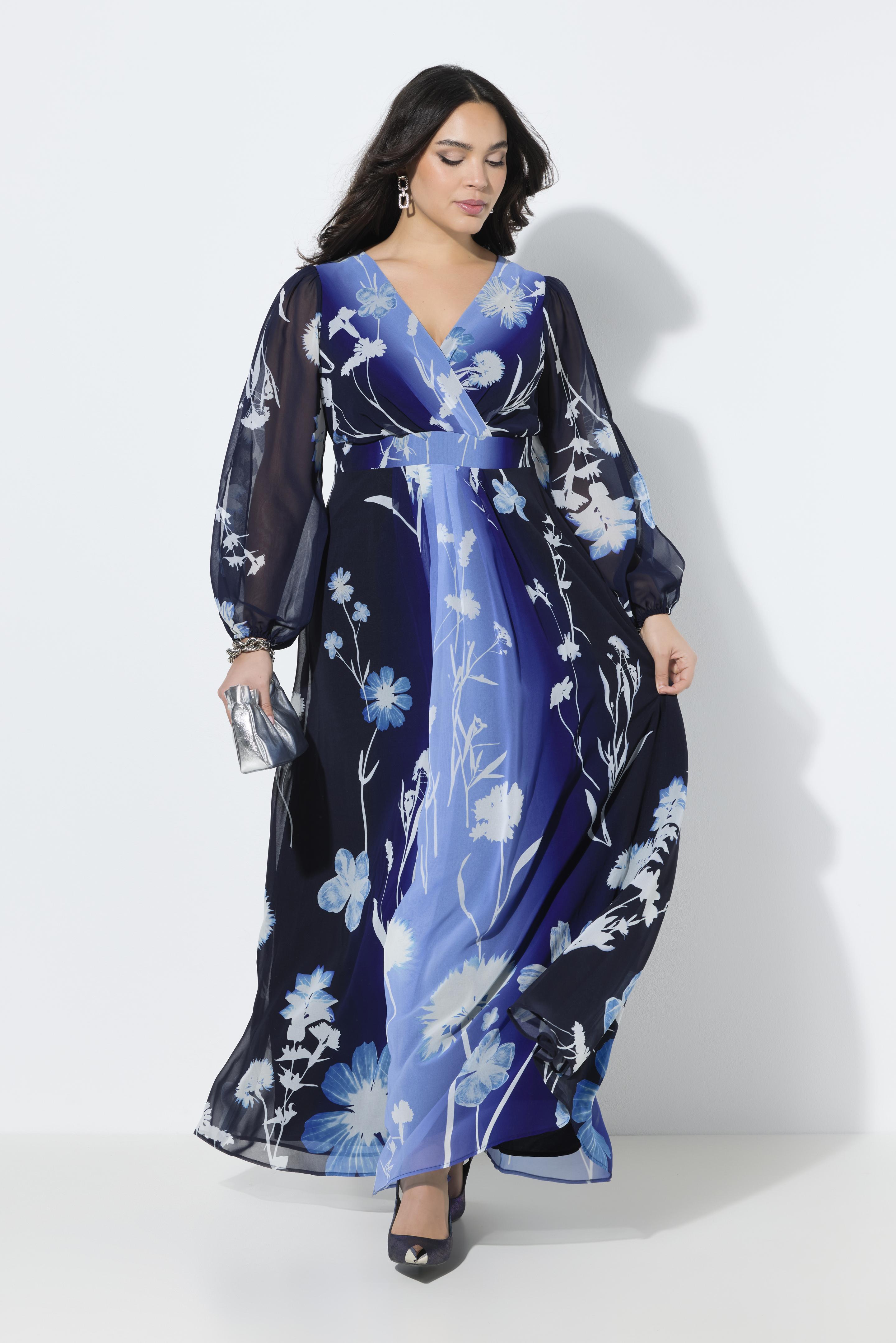 Abito da sera dal taglio svasato con fiori, scollo a V e maniche lunghe