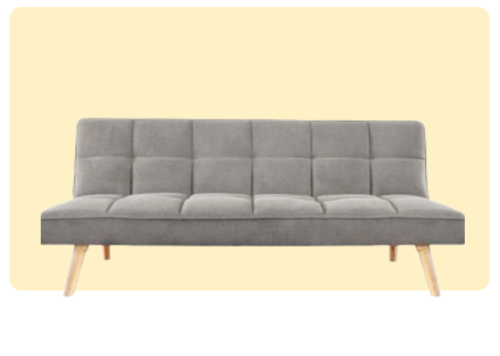 Grey mid-century modern tufted sofa bed with light wooden legs on pale yellow background