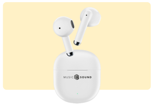 White true wireless earbuds with stem and charging case branded Music Sound on pale yellow background