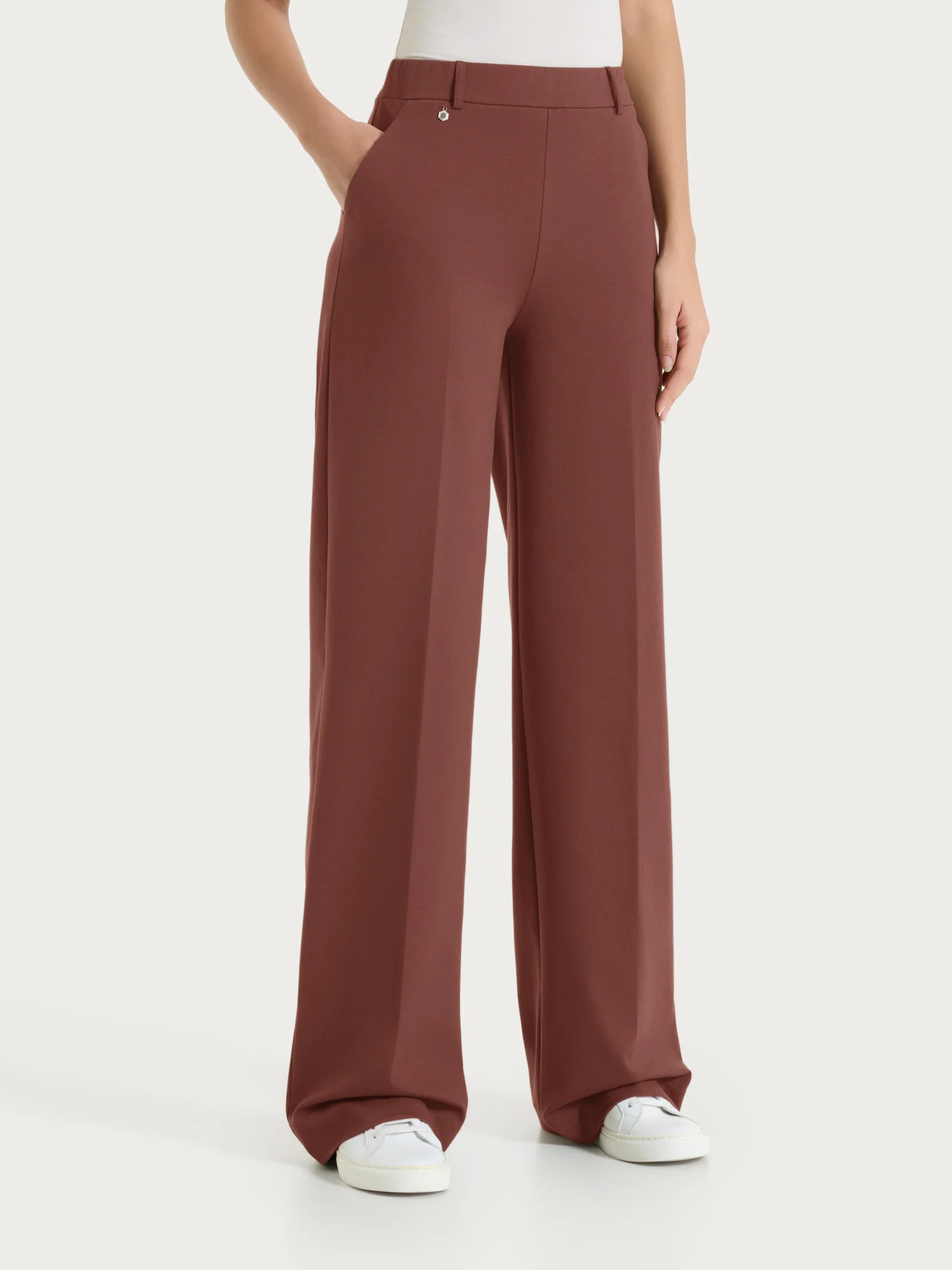 Image of Pantalone a palazzo con tasche in Compact Light - Cappuccino