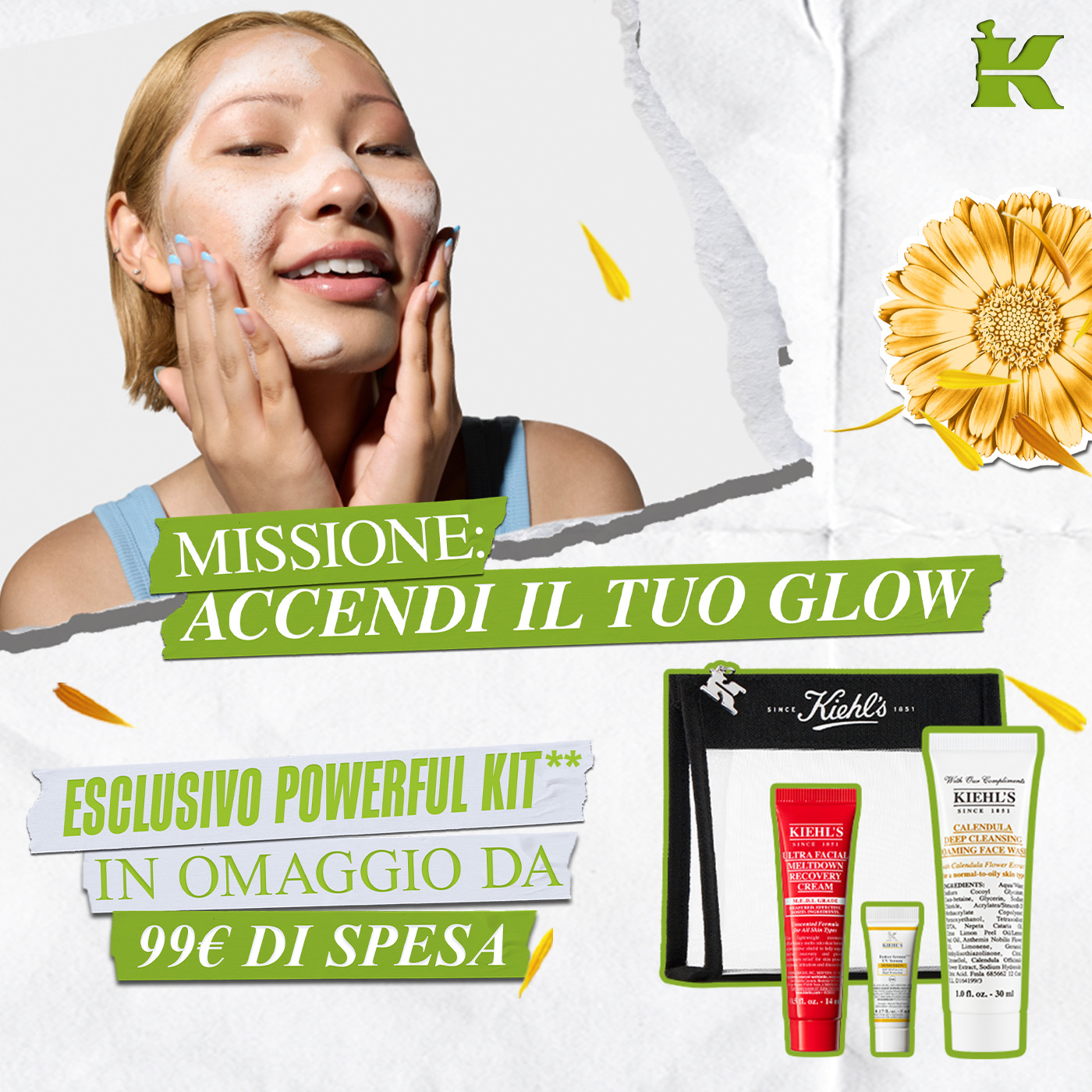 Visual Powerful Kit Kiehl&rsquo;s con beauty case e tre mini-taglie, headline &ldquo;Esclusivo Powerful Kit in omaggio da 99&euro; di spesa.