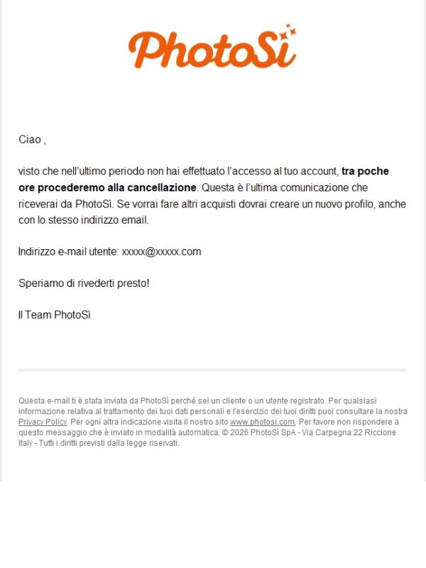 Tra 24 ore l’account verrà cancellato