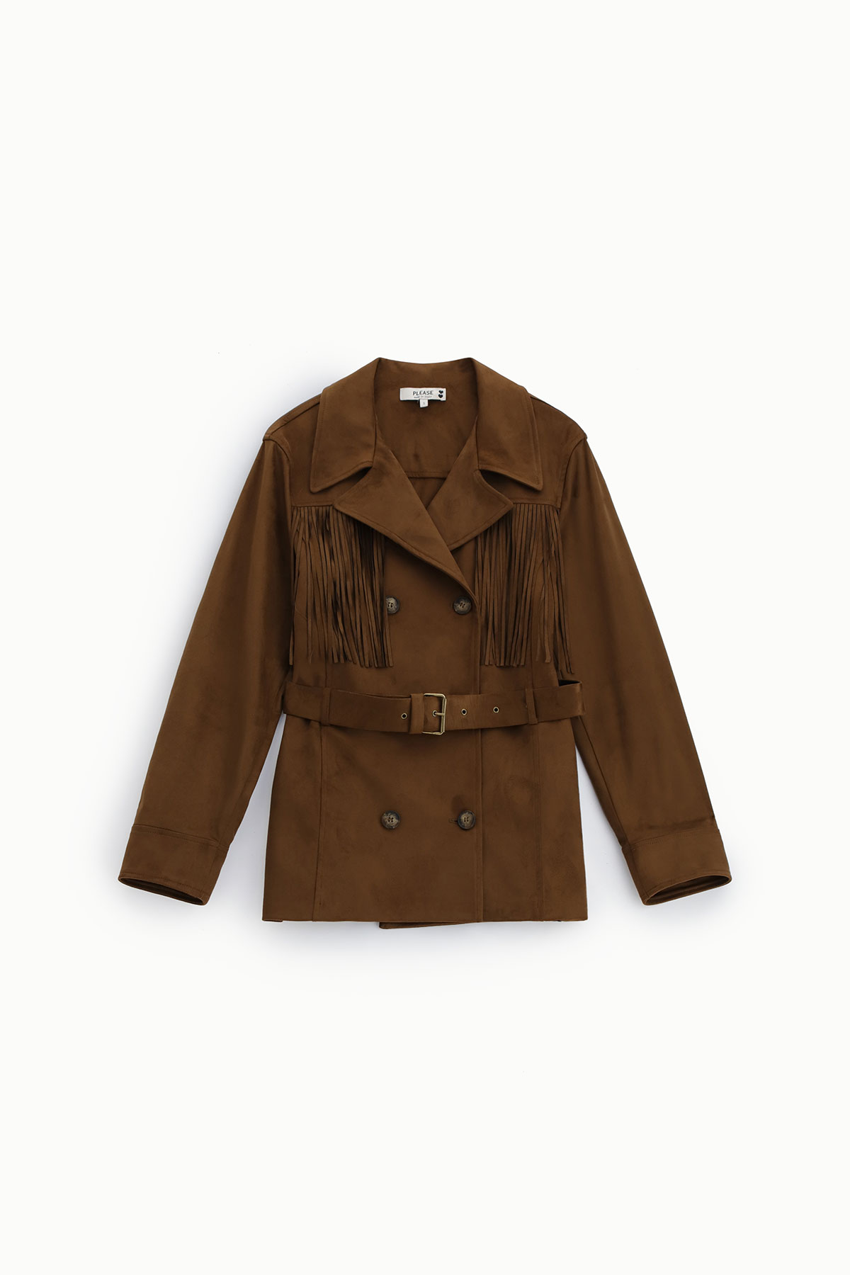 Brown suede double-breasted women's jacket with front fringe detailing and waist belt, laid flat on white background
