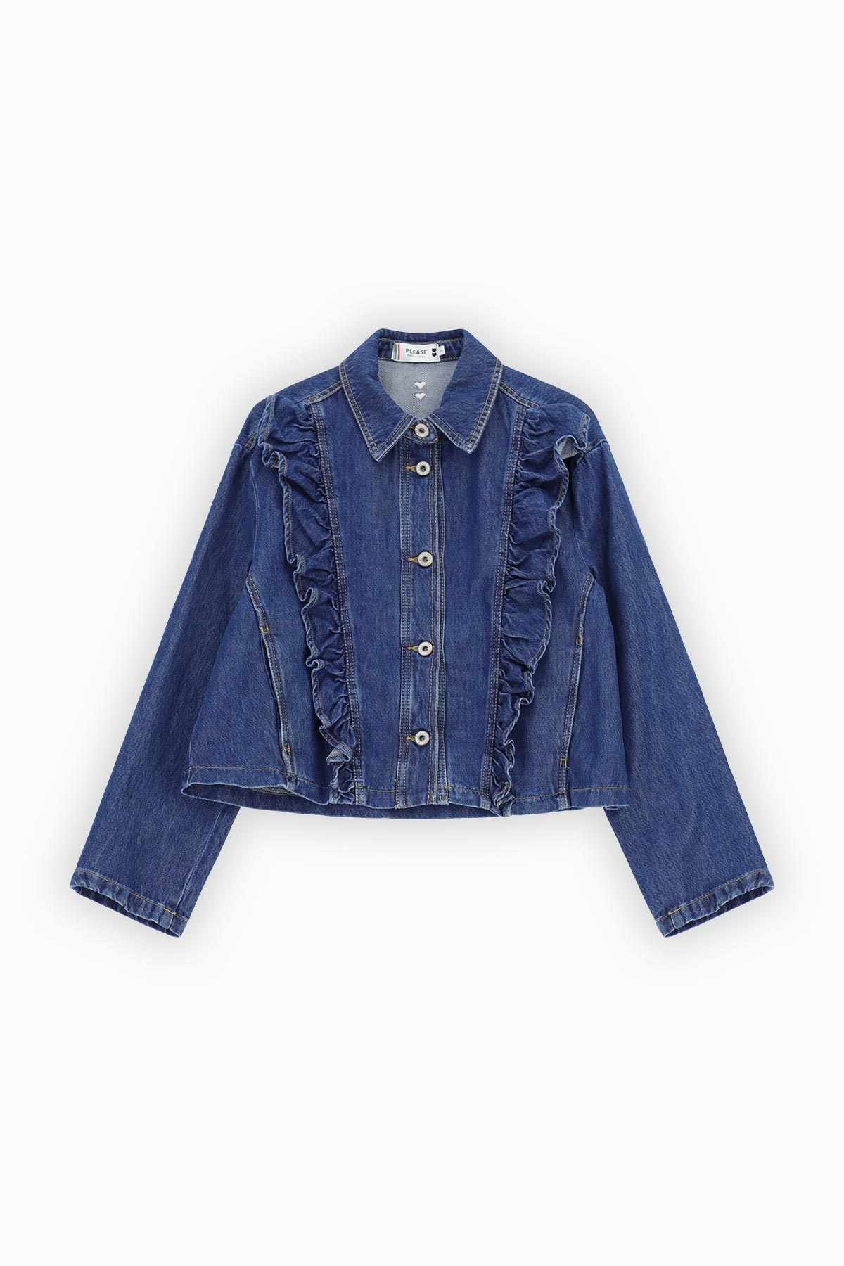 Women's cropped blue denim jacket with front buttons, collared neckline and vertical ruffles down the front, long sleeves