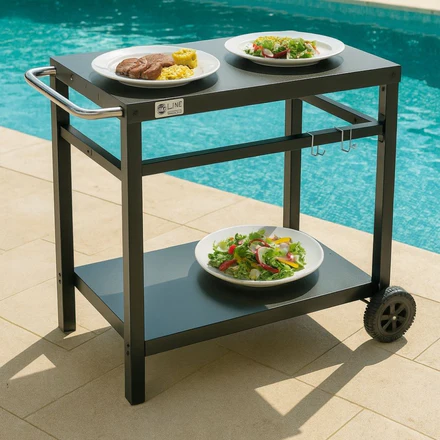 Carrello Portavivande per Barbecue da Giardino con Ruote, 2 Ripiani 3 Ganci Portautensili