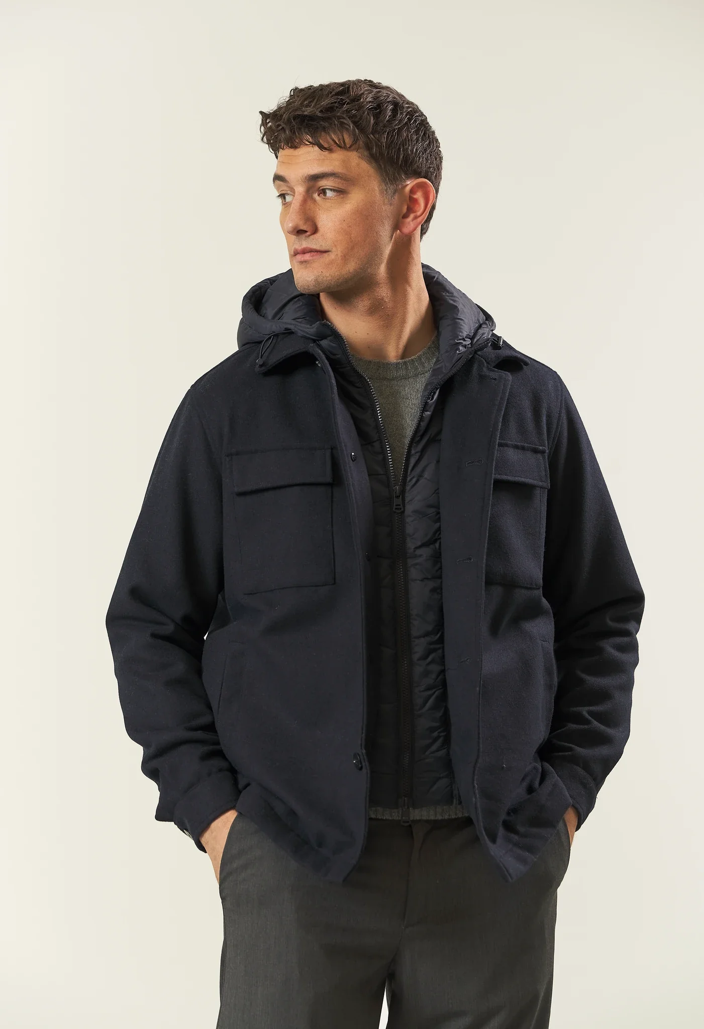 Image of Over jacket blu misto lana cappuccio removibile