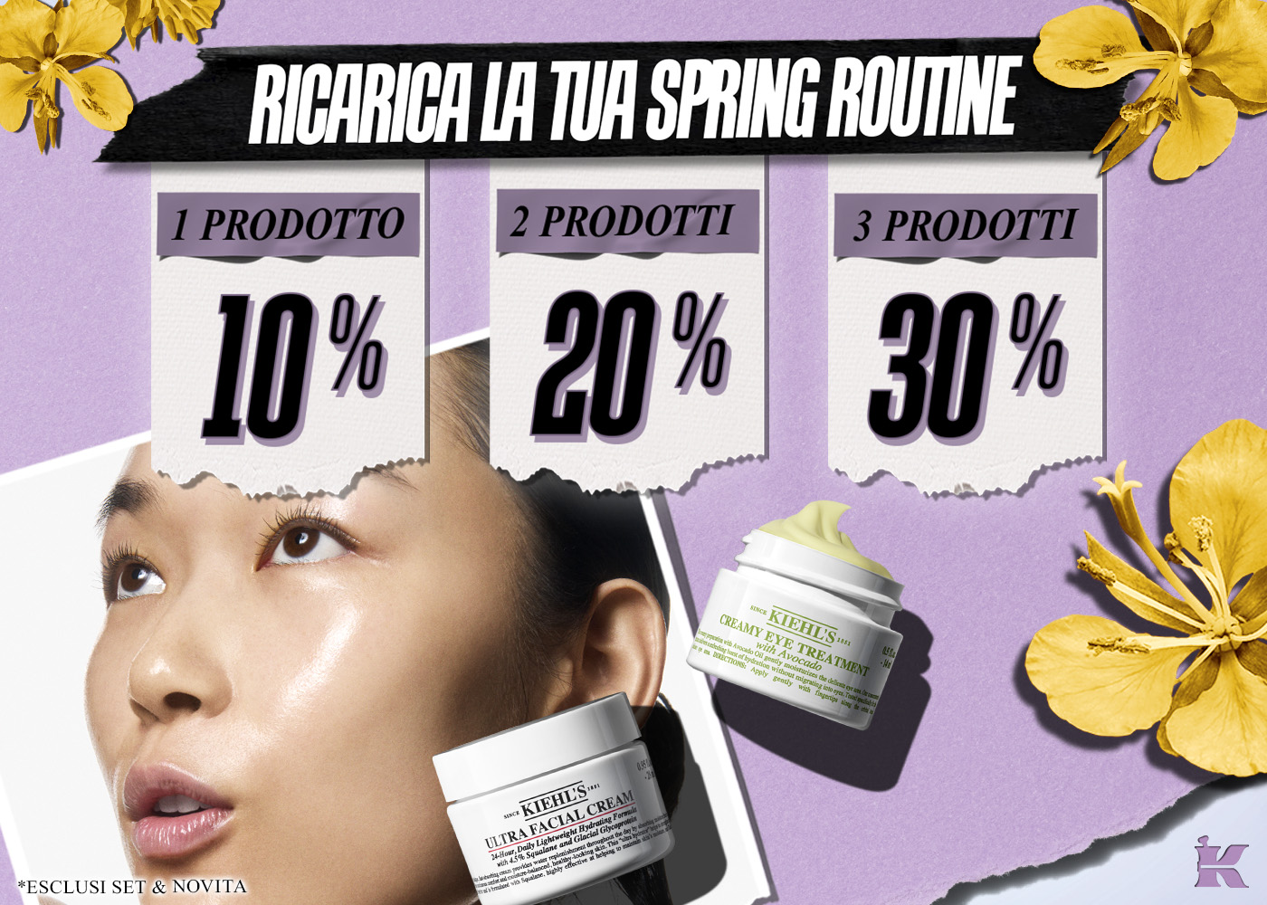 Donna che massaggia detergente schiumoso sul viso con headline &ldquo;Missione: Accendi il tuo glow&rdquo; e banner &ldquo;-20% su tutto&rdquo;. In evidenza Calendula Herbal-Extract Toner e Creamy Eye Treatment with Avocado con elementi naturali.