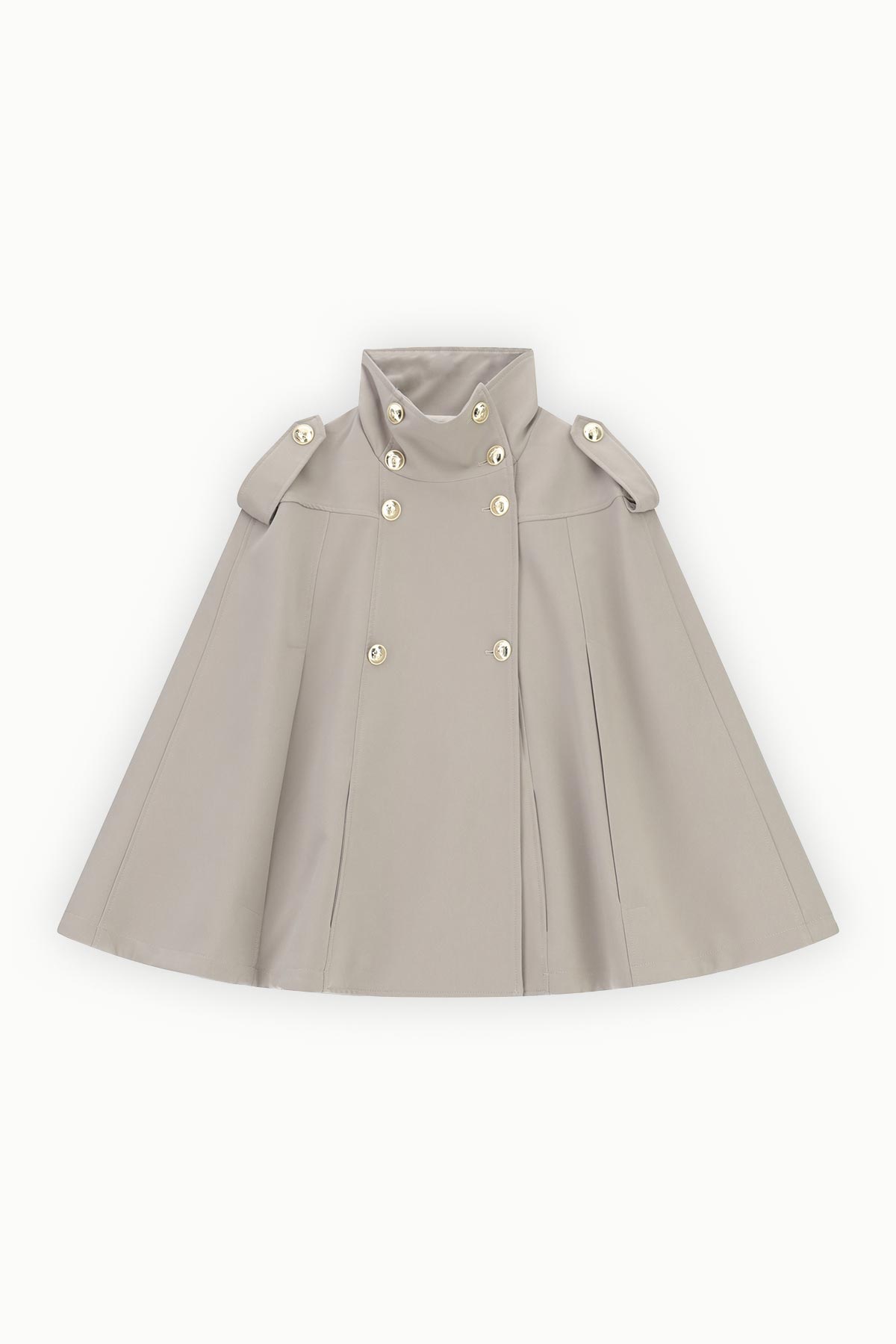 Beige double-breasted cape coat with high funnel collar, gold buttons and shoulder epaulettes