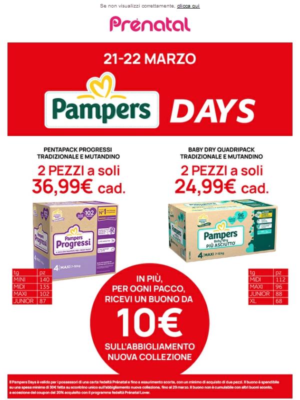 Tornano i Pampers Days: offerte speciali su Progressi e Baby Dry + 10€ di buono sconto