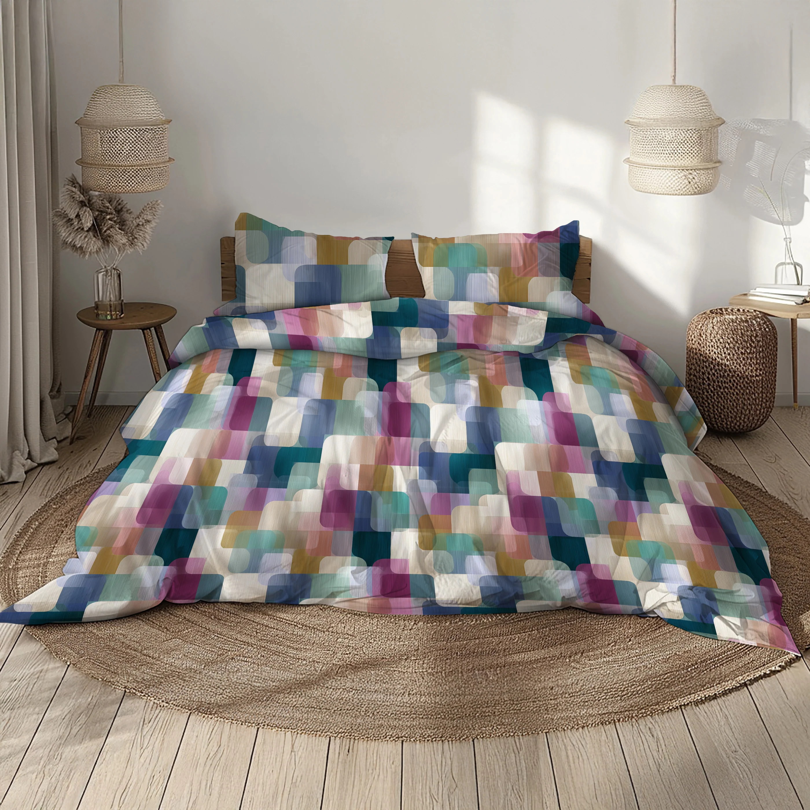 Image of Completo Lenzuola Copriletto in Percalle di <br>Cotone con Stampa Geometrica - <b>Mosaic