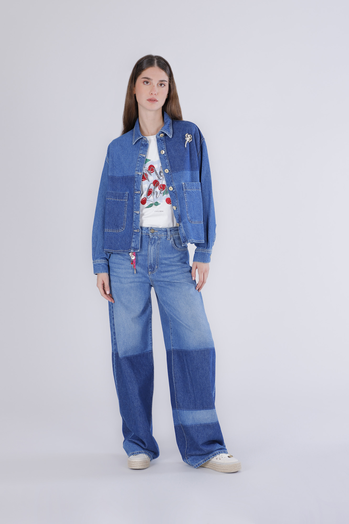 Image of giubbino cropped lavaggio patchwork denim patchwork