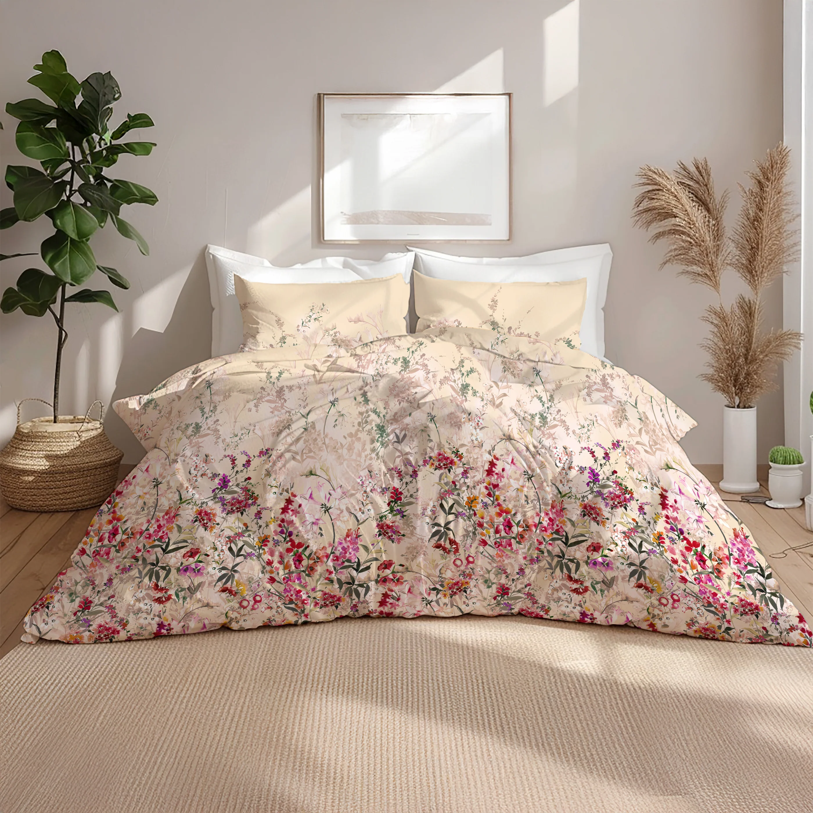 Image of Completo Lenzuola Copriletto in Percalle <br>di Cotone con Stampa Floreale - <b>Bloomscape