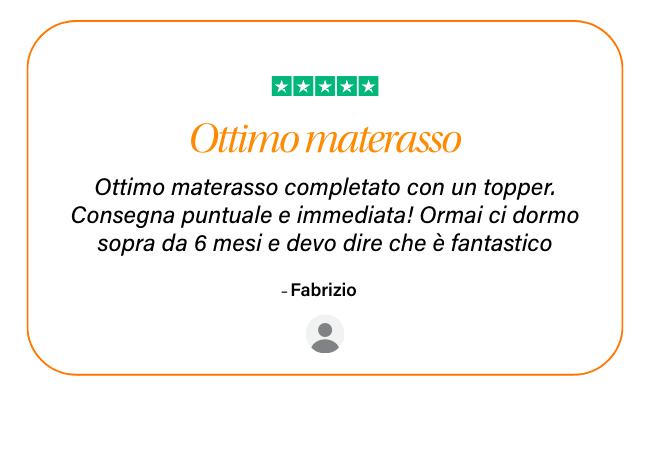 ★★★★★ Ottimo materasso Ottimo materasso completato con un topper. Consegna puntuale e immediata! Ormai ci dormo sopra da 6 mesi e devo dire che è fantastico - Fabrizio