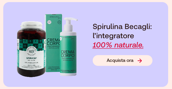 Integratori Spirulina Becagli e crema corpo su sfondo lilla. Testo: &ldquo;Spirulina Becagli: l&rsquo;integratore 100% naturale&rdquo;, con &ldquo;100% naturale&rdquo; evidenziato in rosso corsivo e sottolineato. Pulsante: &ldquo;Acquista ora&rdquo;.