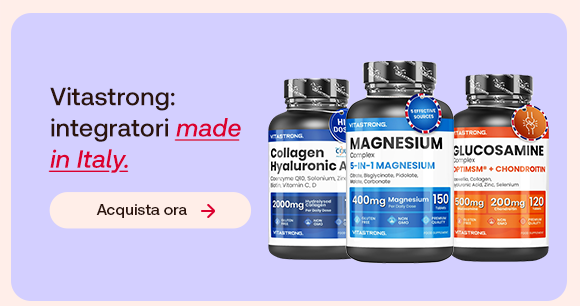 Tre integratori Vitastrong su sfondo lilla: Collagene + Acido Ialuronico, Magnesium 5-in-1 e Glucosamine + MSM + Chondroitin. Testo: &ldquo;Vitastrong: integratori made in Italy&rdquo;, con &ldquo;made in Italy&rdquo; evidenziato in rosso corsivo e sottolineato. Pulsante: &ldquo;Acquista ora&rdquo;.