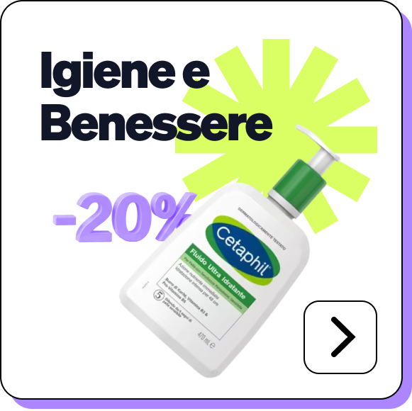 Cetaphil ultra-hydrating pump bottle with -20% discount badge, 'Igiene e Benessere' headline, green starburst and right arrow