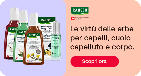 Prodotti Rausch per capelli e cuoio capelluto su sfondo lilla: shampoo e trattamenti alle erbe. A destra il testo: &ldquo;Le virt&ugrave; delle erbe per capelli, cuoio capelluto e corpo.&rdquo; In basso pulsante rosso: &ldquo;Scopri ora&rdquo;. In alto il logo Rausch con indicazione Swiss Herbal Cosmetics.