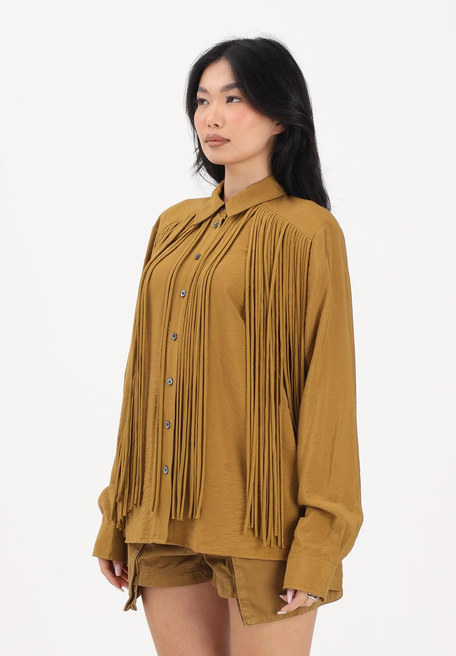 Image of PINKO Camicia a manica lunga kiwi da donna con frange