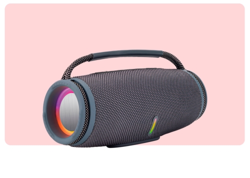 Portable Bluetooth speaker with textured grey fabric, woven carry handle and colourful RGB ring light on pink background