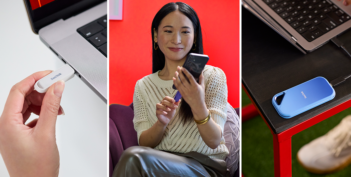Tre immagini che mostrano i prodotti SanDisk in uso: una mano che collega un'unit&agrave; telefonica SanDisk bianca artica a un laptop, una donna sorridente che collega un'unit&agrave; telefonica SanDisk blu marino al suo telefono e un SanDisk Creator Pro Portable blu su una scrivania, collegato a un laptop.