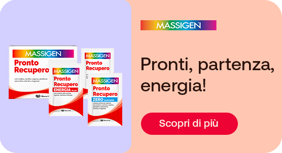 Confezioni di Massigen Pronto Recupero in diverse varianti (classico, energia plus e zero zuccheri) su sfondo lilla e pesca. A destra il testo: &ldquo;Pronti, partenza, energia!&rdquo;. In basso pulsante rosso: &ldquo;Scopri di pi&ugrave;&rdquo;.