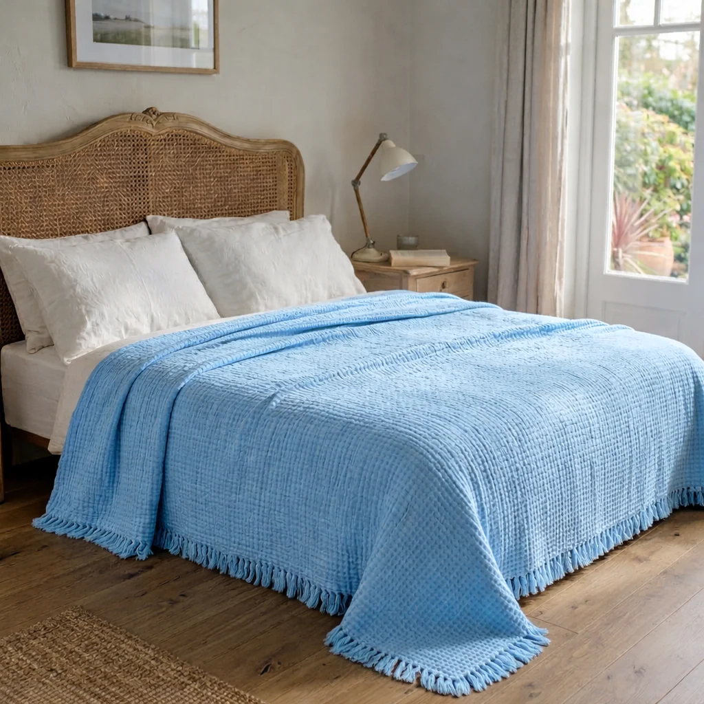 Image of Copriletto in Cotone Stonewashed <br>Tinto in Capo con Frangette - <b>Uni Mellow