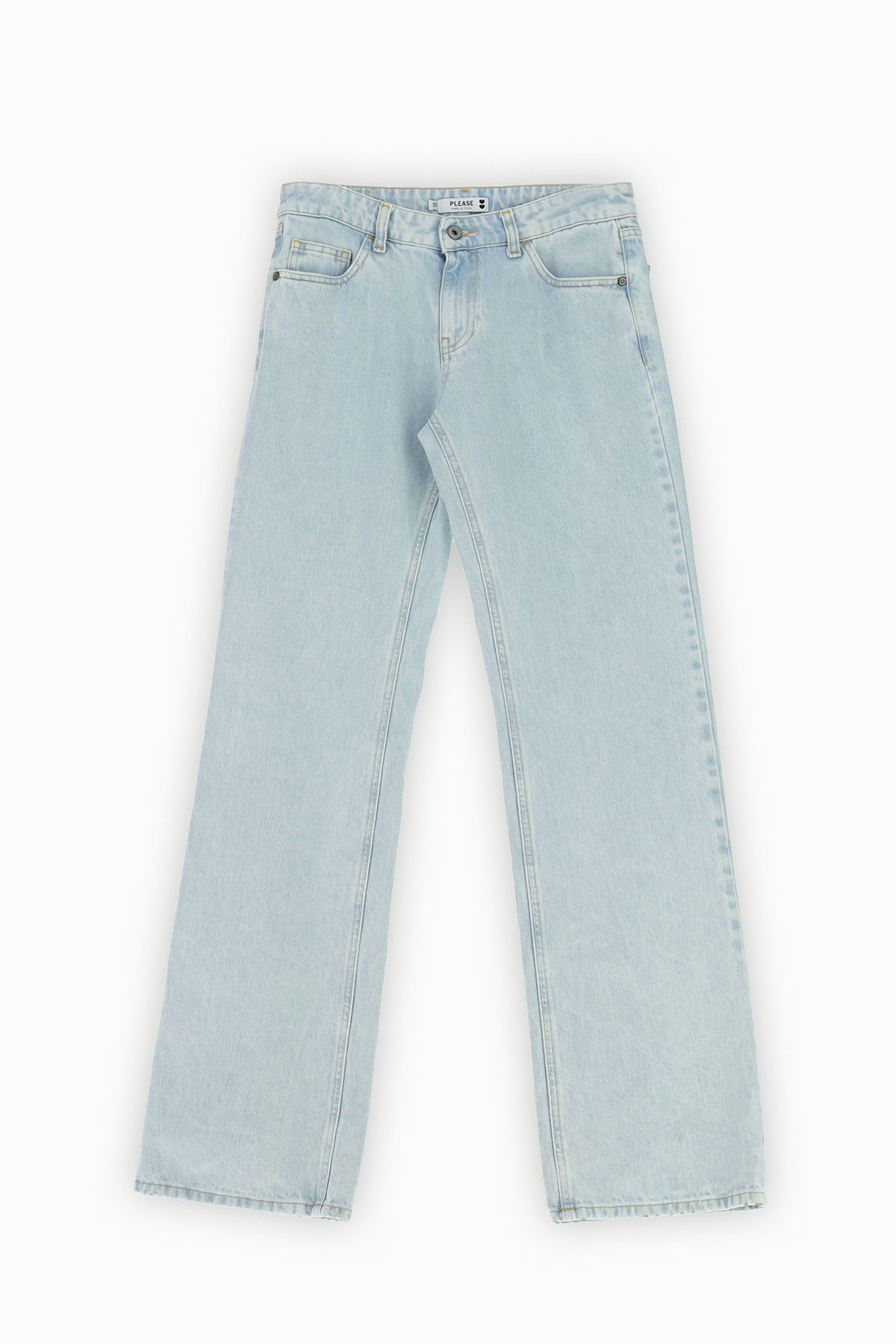 Light wash straight-leg denim jeans laid flat on white background, five-pocket style with button-and-zip fastening