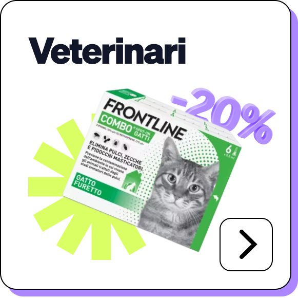 Frontline cat flea and tick treatment box with kitten photo under a 'Veterinari' banner, green packaging and purple '-20%' discount badge